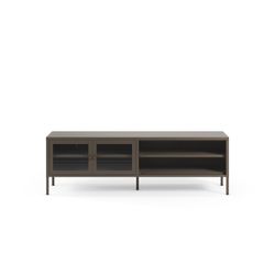 TV-meubel van metaal en gehard glas in mokkakleur, 160 x 35 x 50 cm | Layna