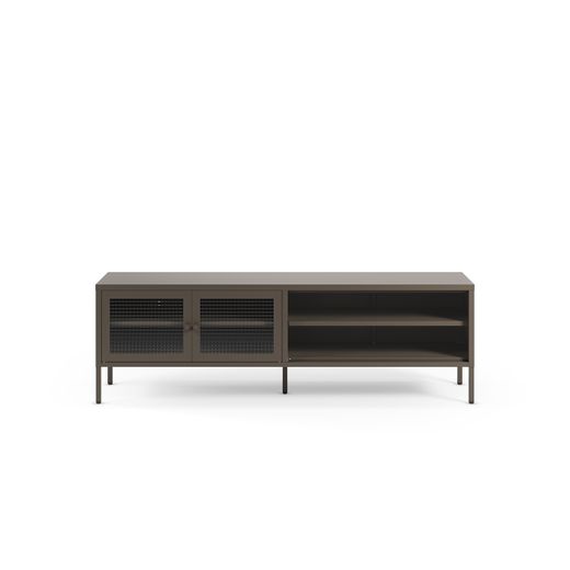 TV-meubel van metaal en gehard glas in mokkakleur, 160 x 35 x 50 cm | Layna