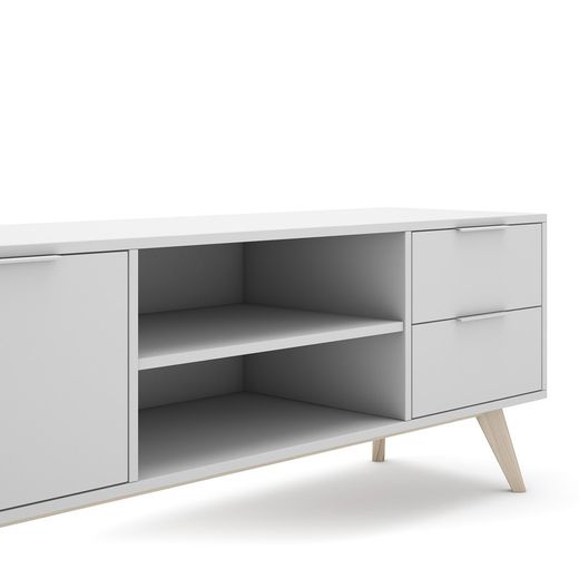 Living room set consisting of a 140 cm sideboard and a 180 cm TV stand with two doors and two drawers in white | Campus