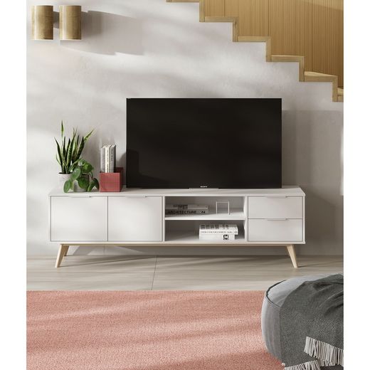 Living room set consisting of a 140 cm sideboard and a 180 cm TV stand with two doors and two drawers in white | Campus