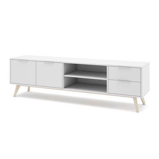 Living room set consisting of a 140 cm sideboard and a 180 cm TV stand with two doors and two drawers in white | Campus