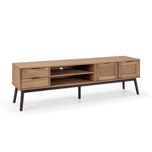 Mueble TV de pino y ratán en natural y negro, 180 x 40 x 52 cm | Natasha