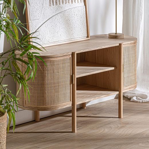 TV-bänk i ask och rotting i natur, 120 x 43 x 60 cm | Ikla