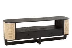MOLLY TV-meubel van rond hout en zwart/natuurlijk rotan, 140x40x50 cm