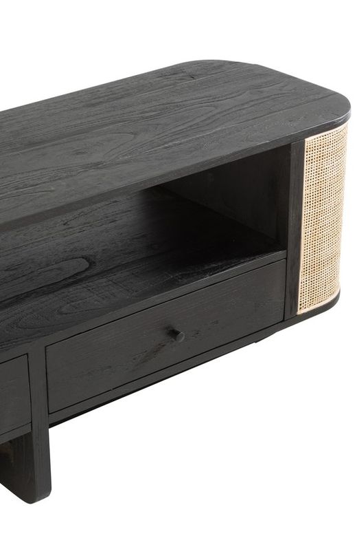 MOLLY TV-meubel van rond hout en zwart/natuurlijk rotan, 140x40x50 cm