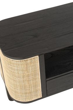 MOLLY TV-meubel van rond hout en zwart/natuurlijk rotan, 140x40x50 cm