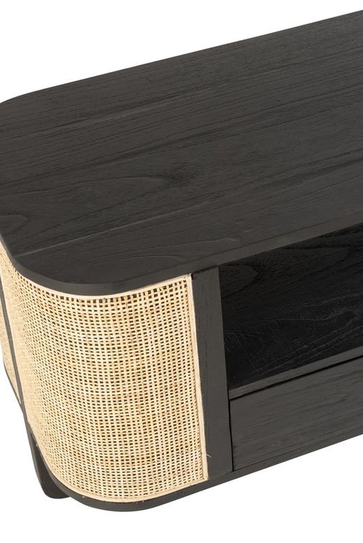 MOLLY TV-meubel van rond hout en zwart/natuurlijk rotan, 140x40x50 cm