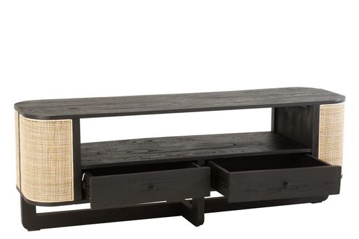 MOLLY TV-meubel van rond hout en zwart/natuurlijk rotan, 140x40x50 cm