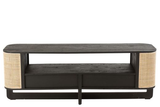 MOLLY TV-meubel van rond hout en zwart/natuurlijk rotan, 140x40x50 cm