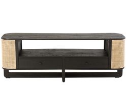 MOLLY TV-meubel van rond hout en zwart/natuurlijk rotan, 140x40x50 cm