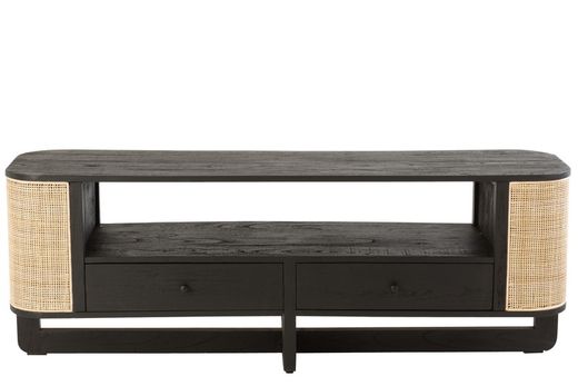 MOLLY TV-meubel van rond hout en zwart/natuurlijk rotan, 140x40x50 cm