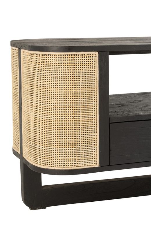MOLLY TV-meubel van rond hout en zwart/natuurlijk rotan, 140x40x50 cm