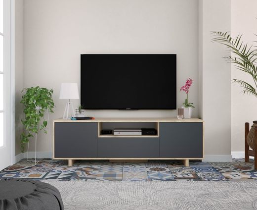 TV cabinet in natural wood/anthracite grey, 150x41x46 cm | ZAIRA