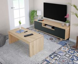 TV cabinet in natural wood/anthracite grey, 150x41x46 cm | ZAIRA