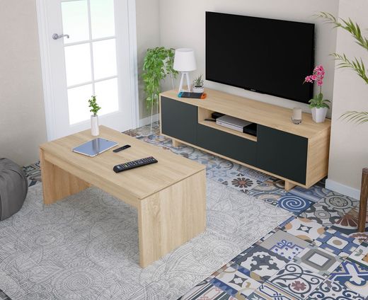 TV cabinet in natural wood/anthracite grey, 150x41x46 cm | ZAIRA