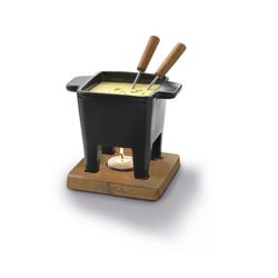 NERO-Fondue steel, wood and black stoneware caps, 13.3x13.3x13.6 cm