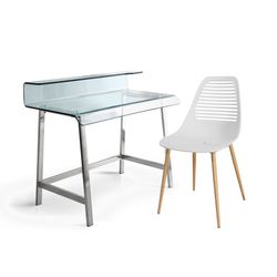 Lot de 1 bureau en verre et 1 chaise blanche