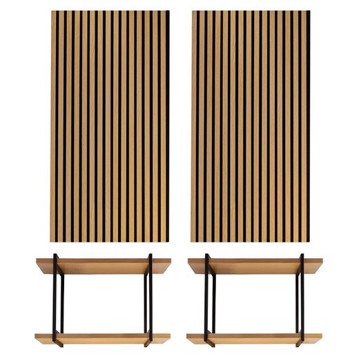 Pack de 2 painéis acústicos naturais com 120 cm de altura e 2 prateleiras | som acústico