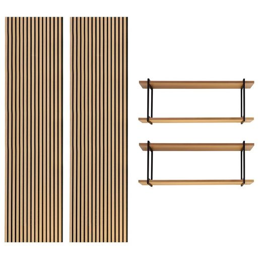 Pack de 2 paneles acústicos en natural de 240 cm de alto y 2 estanterías L | Acustic sound
