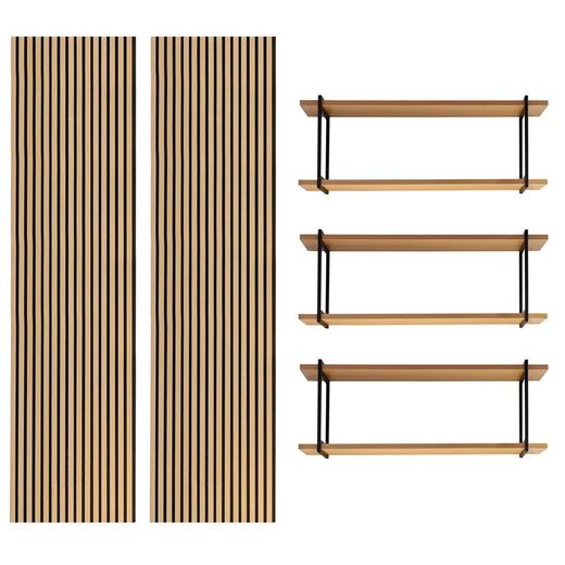 Pack de 2 paneles acústicos en natural de 240 cm de alto y 3 estanterías L | Acustic sound