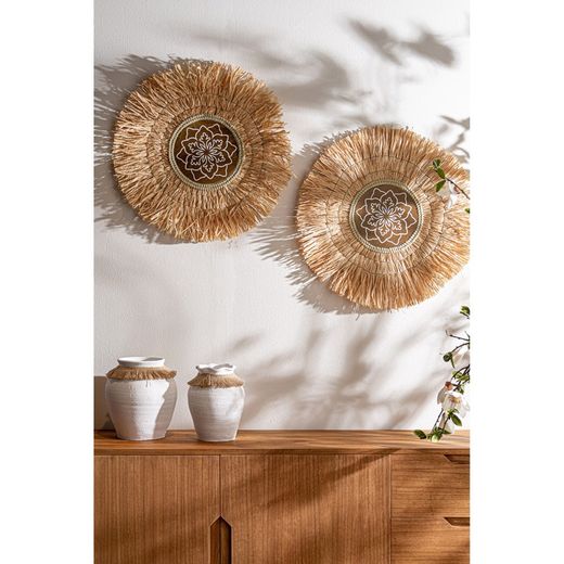Decorative panel made of natural fibers and wood in natural and brown colors, 61 x 1 x 61 cm | Kasses