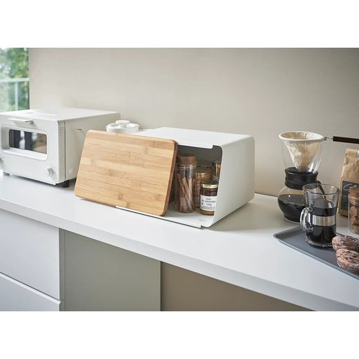 Steel and bamboo bread bin in white and natural, 31.5 x 24.5 x 18.5 cm | Tower