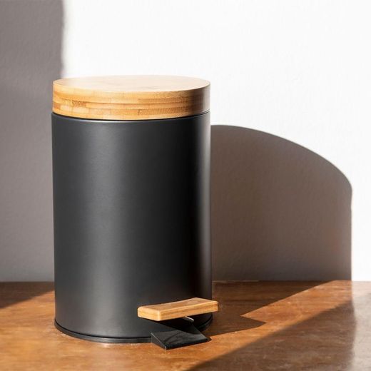 Avfallskärl i svart/naturmetall och bambu, Ø17 x 26 cm