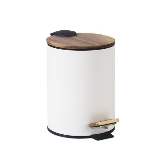 Papelera de metal y madera en blanco y natural, 20,5 x 20,5 x 26 cm | Acacia