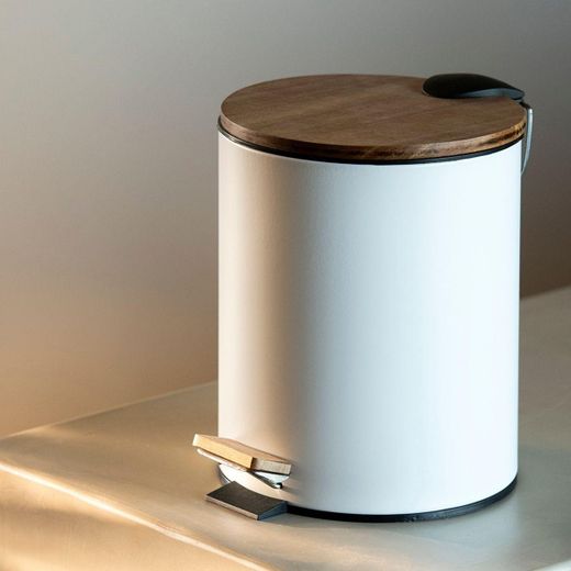 Papelera de metal y madera en blanco y natural, 20,5 x 20,5 x 26 cm | Acacia