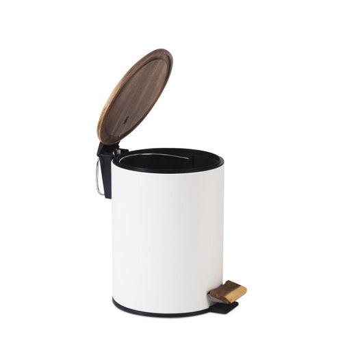 Papelera de metal y madera en blanco y natural, 20,5 x 20,5 x 26 cm | Acacia