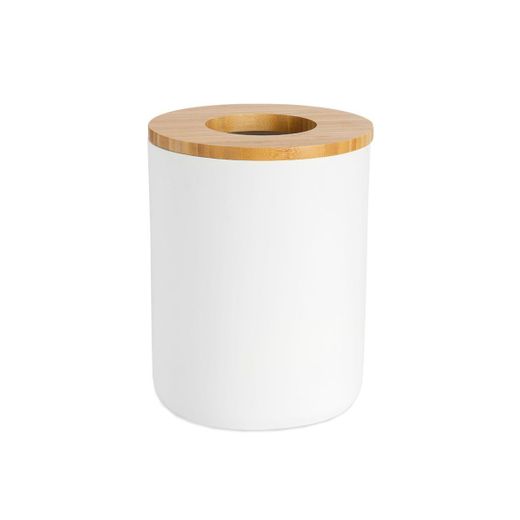 Papelera de poliresina y bambú en blanco y natural, 19,5 x 19,5 x 25 cm | Bambú