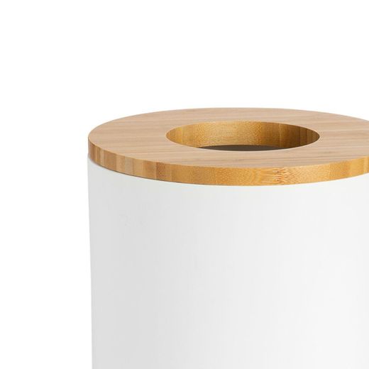 Papelera de poliresina y bambú en blanco y natural, 19,5 x 19,5 x 25 cm | Bambú
