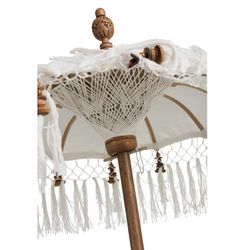 Parasol with Base and Wood and Cotton Tassels S White Brown, Ø50x90,5cm
