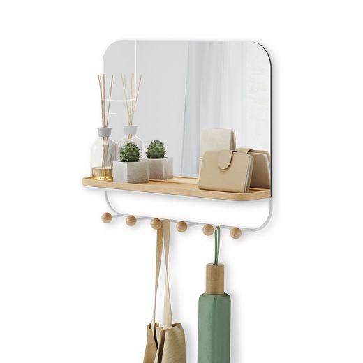 Coat rack with mirror mirror and beech in natural and white, 46 x 10 x 41 cm | Estimate