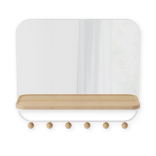 Coat rack with mirror mirror and beech in natural and white, 46 x 10 x 41 cm | Estimate