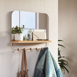 Coat rack with mirror mirror and beech in natural and white, 46 x 10 x 41 cm | Estimate