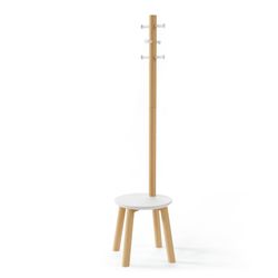 Porte-manteau Pillar avec tabouret blanc et bois naturel, 49,9x49,9x167 cm