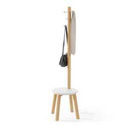 Porte-manteau Pillar avec tabouret blanc et bois naturel, 49,9x49,9x167 cm