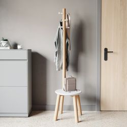 Porte-manteau Pillar avec tabouret blanc et bois naturel, 49,9x49,9x167 cm
