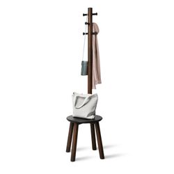 Porte-manteau Pillar avec tabouret noir et bois de noyer, 49,9x49,9x167 cm