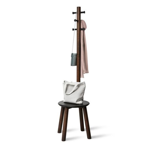 Porte-manteau Pillar avec tabouret noir et bois de noyer, 49,9x49,9x167 cm