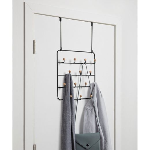 Wieszak ścienny metalowy czarny, 36x9x60 cm, 14 haczyków