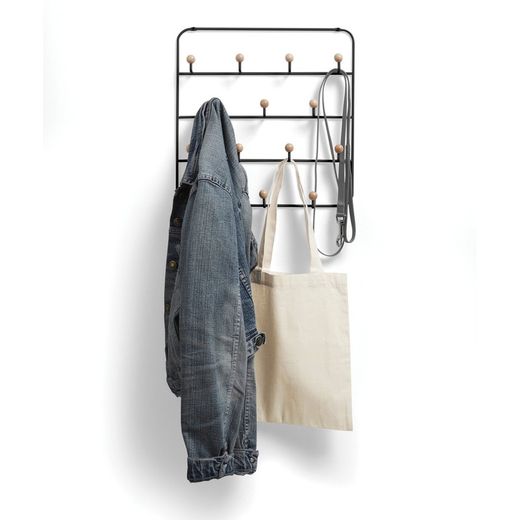 Wieszak ścienny metalowy czarny, 36x9x60 cm, 14 haczyków