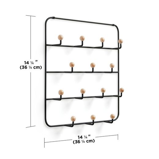 Wieszak ścienny metalowy czarny, 36x9x60 cm, 14 haczyków