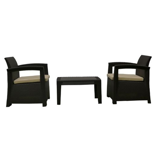 PERUGIA - Conjunto de jardim de resina 2 sofás + mesa marrom