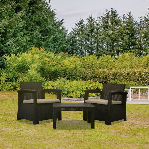 PERUGIA - Conjunto de jardim de resina 2 sofás + mesa marrom
