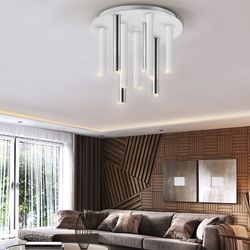 Lampa sufitowa z 9 metalowych prętów Led srebrno-biała, Ø42x35cm