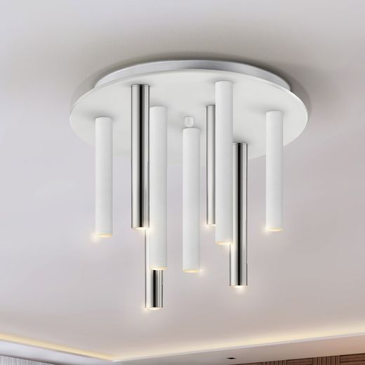 Lampa sufitowa z 9 metalowych prętów Led srebrno-biała, Ø42x35cm