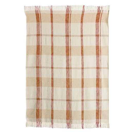 Recycled polyester and cotton jacquard plaid in beige and sienna, 160 x 130 cm | Jane