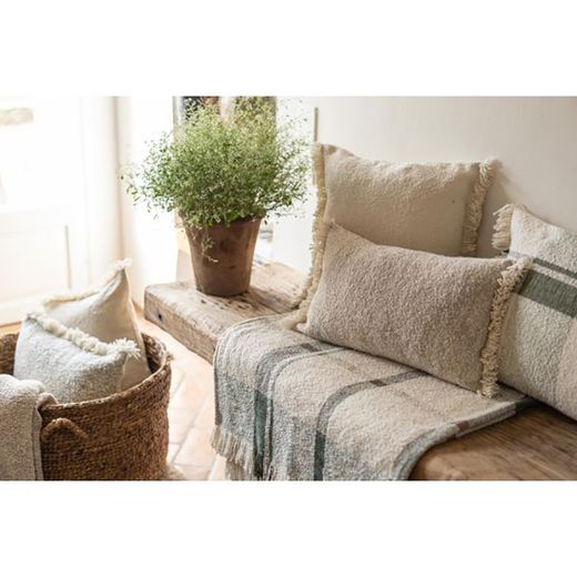 Recycled polyester and cotton jacquard plaid in beige and green, 160 x 130 cm | Jane